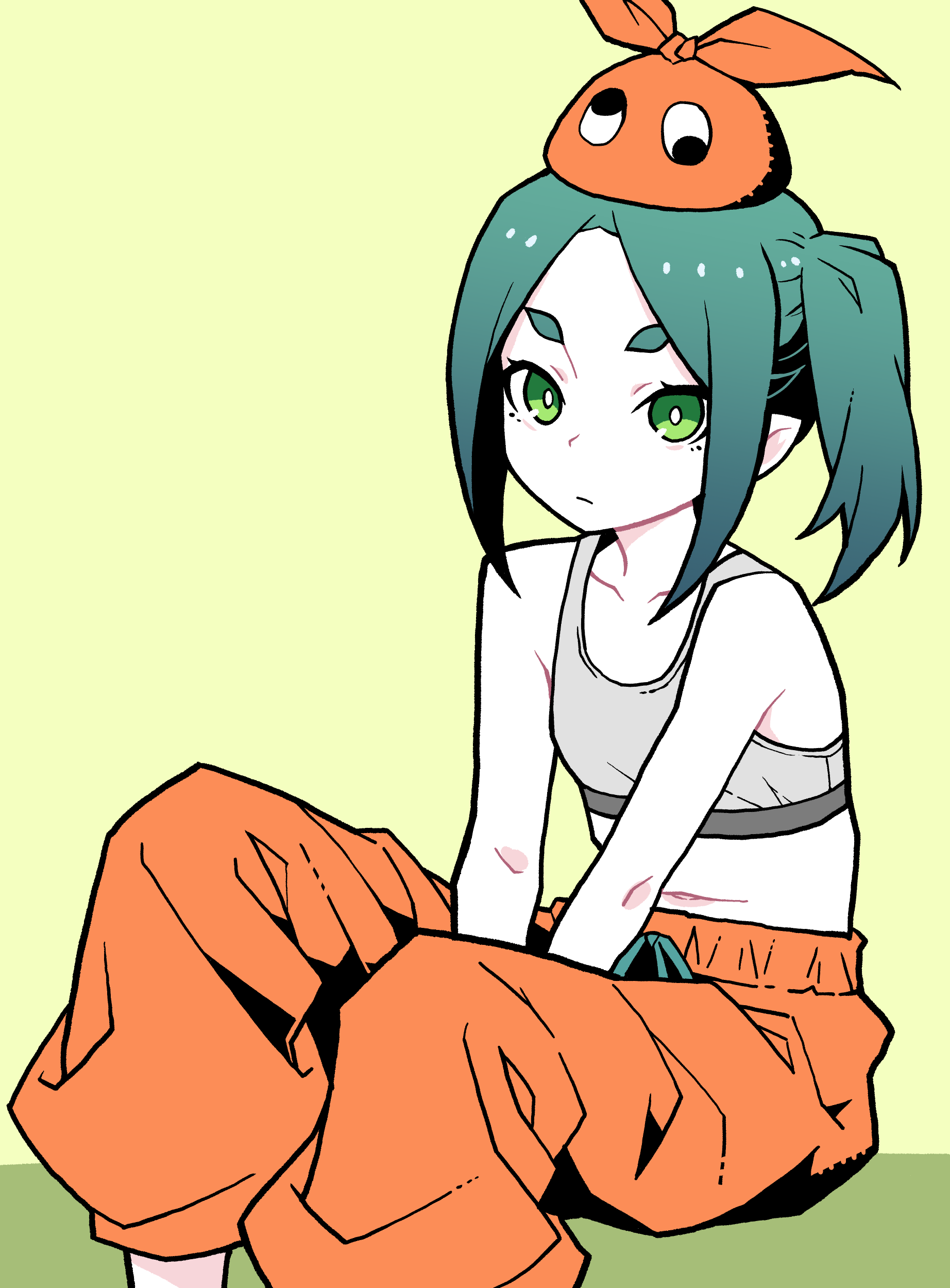 1girl absurdres akableak aqua_hair bare_shoulders between_legs breasts closed_mouth collarbone drawstring expressionless eyelashes from_side googly_eyes gradient_hair green_background green_eyes grey_sports_bra hand_between_legs hat highres hikimayu knees_up looking_at_viewer looking_to_the_side midriff monogatari_(series) multicolored_hair navel no_shirt ononoki_yotsugi orange_hat orange_pants pale_skin pants parted_bangs short_eyebrows sidelocks sitting small_breasts solo sports_bra sweatpants thick_eyebrows twintails v_arms