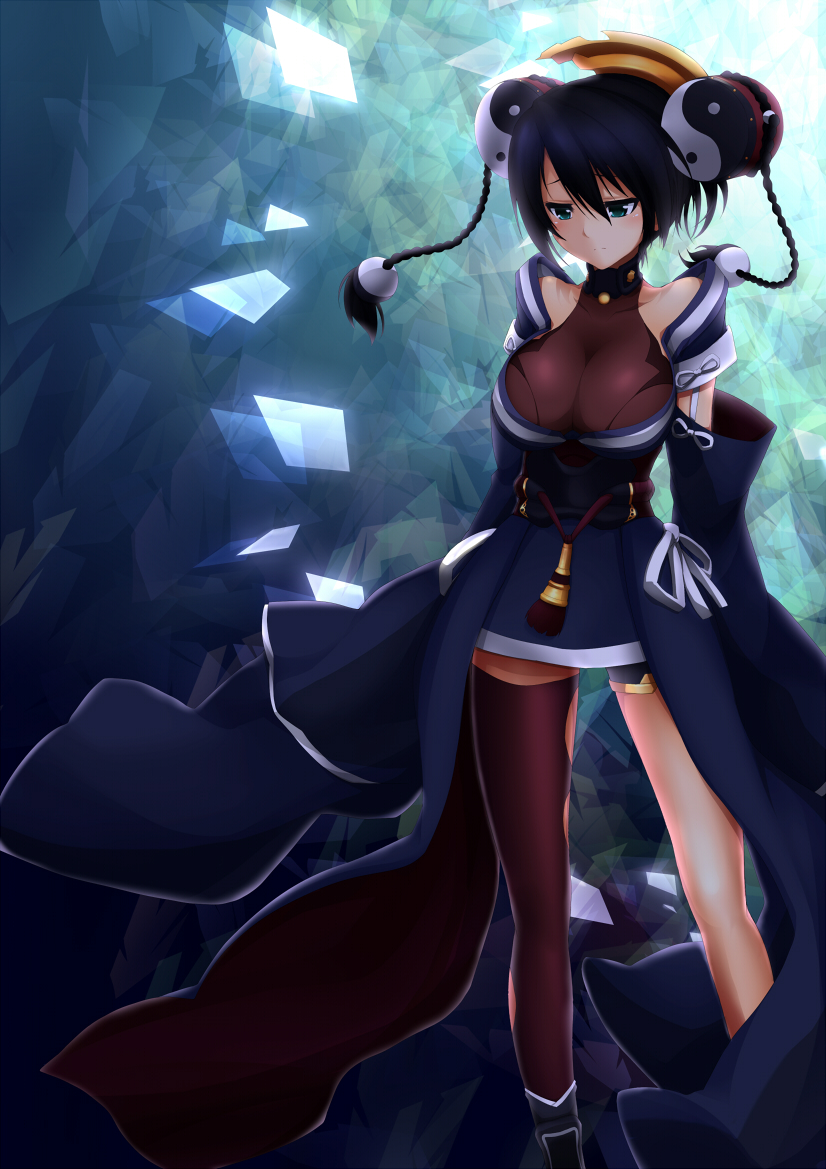 1girl aqua_background ar_tonelico arms_at_sides black_hair blue_background braid breasts brown_thighhighs closed_mouth collarbone commentary_request detached_sleeves female_focus floating_hair green_eyes hair_between_eyes half-closed_eyes halterneck headgear jampen japanese_clothes large_breasts long_hair looking_down misha_arsellec_lune ribbon single_thighhigh sleeves_past_wrists solo standing tassel thighhighs twin_braids white_ribbon wide_sleeves wind yin_yang