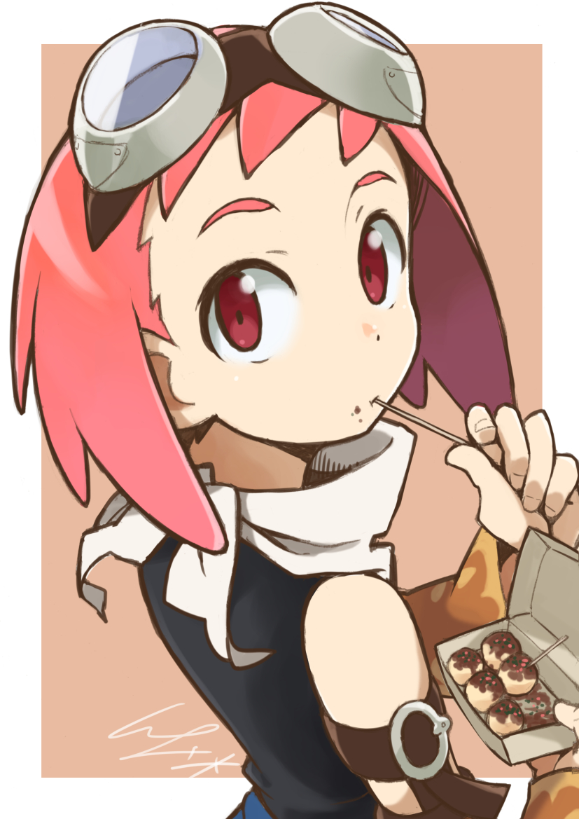 1girl aero_(mega_man) bandana bare_shoulders black_shirt bow detached_sleeves eating eyebrows female_focus fingernails food food_on_face goggles goggles_on_head holding io_naomichi long_sleeves looking_at_viewer mega_man_(series) mega_man_legends_(series) mega_man_legends_3 palms pink_hair red_eyes shirt short_hair sleeveless sleeveless_shirt solo takoyaki upper_body