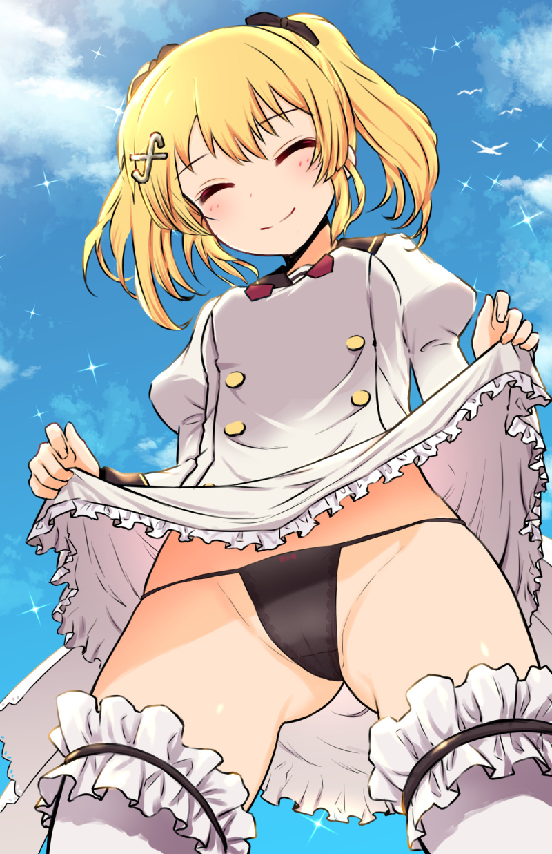 1girl battle_girl_high_school bird black_panties blonde_hair blush cameltoe closed_eyes closed_mouth clothes_lift commentary_request commission dress dress_lift facing_viewer frilled_thighhighs frills hair_ornament highres juliet_sleeves kougami_kanon lifting_own_clothes long_sleeves oni_b outdoors panties puffy_sleeves seagull skeb_commission solo sparkle thighhighs twintails underwear