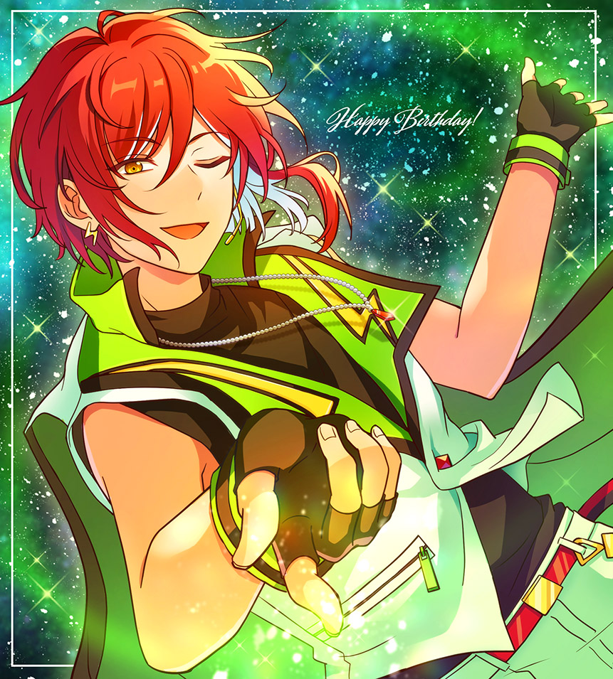 1boy ;d ayuse_s bead_necklace beads belt bishounen black_gloves black_shirt black_sleeve_cuffs buttons cape cowboy_shot diamond_button dorsiflexion_(wrist) earrings ensemble_stars! fingerless_gloves foreshortening gloves green_cape green_sleeves hands_up head_tilt headset high_collar inset_border jacket jewelry lapels layered_clothes lightning_bolt_earrings lightning_bolt_symbol male_focus multicolored_hair necklace official_style one_eye_closed open_hand open_mouth outside_border pants pocket pointing red_belt red_hair sakasaki_natsume shirt short_hair short_hair_with_long_locks single_sidelock sleeve_cuffs sleeveless sleeveless_jacket sleeveless_shirt smile solo star_(symbol) star_symbol_background streaked_hair turtleneck turtleneck_shirt two-tone_sleeve_cuffs white_hair white_jacket white_pants wind yellow_eyes zipper
