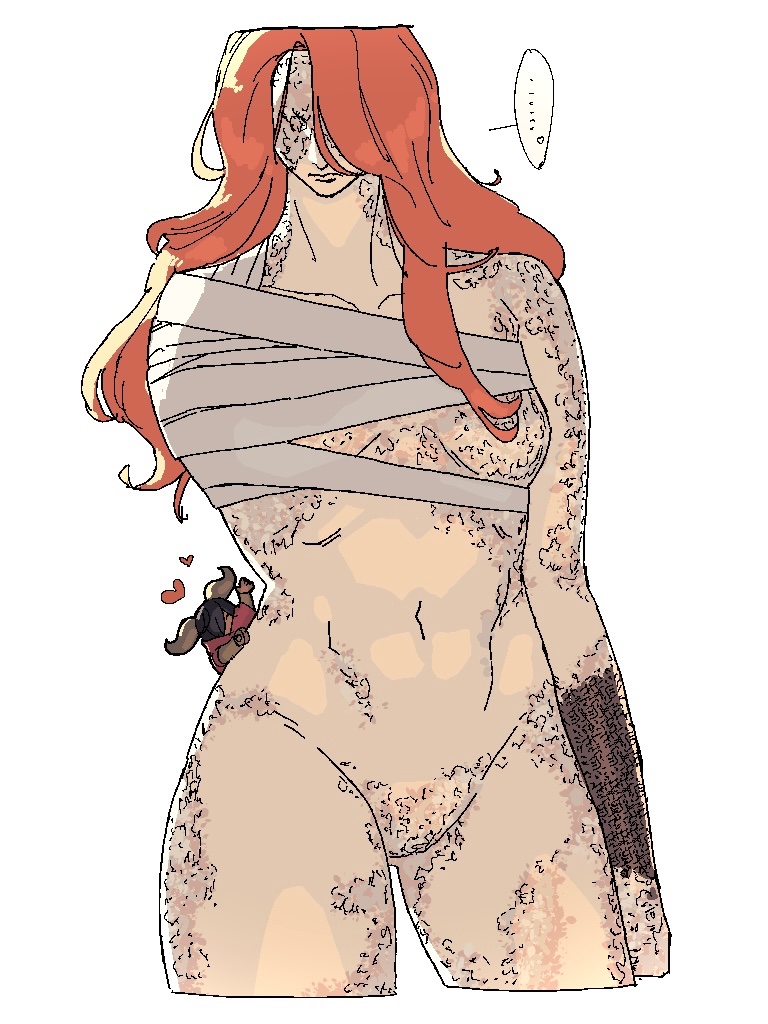 ... 1boy 1girl amputee bandages closed_mouth cowboy_shot cropped_legs elden_ring heart malenia_blade_of_miquella malenia_goddess_of_rot missing_limb nayaman red_hair scar scars_all_over simple_background size_difference tarnished_(elden_ring) too_many wavy_hair white_background
