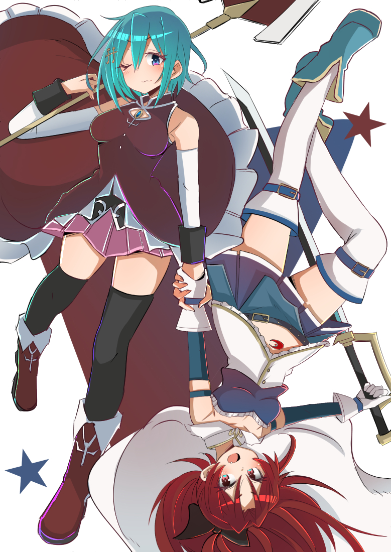 2girls :3 alternate_costume aqua_hair armor black_thighhighs blue_eyes blue_skirt blush boots breastplate breasts cleavage commentary_request cosplay costume_switch eyelashes fang gloves hair_between_eyes holding holding_hands holding_polearm holding_sword holding_weapon long_hair looking_at_viewer mahou_shoujo_madoka_magica mahou_shoujo_madoka_magica_(anime) miki_sayaka miki_sayaka_(cosplay) miki_sayaka_(magical_girl) multiple_girls muneate one_eye_closed open_mouth pink_skirt pleated_skirt polearm red_eyes red_hair sakura_kyoko sakura_kyoko_(cosplay) sakura_kyoko_(magical_girl) skirt sword thighhighs thighs upside-down urei-hibino very_long_hair weapon white_background white_gloves white_thighhighs