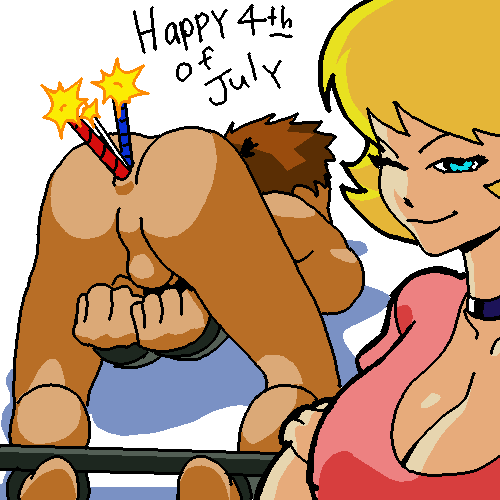 1boy 1girl anal anal_object_insertion animated animated_gif ass bdsm blonde_hair bondage bound candle clothed_female_nude_male cuffed dboy dominatrix femdom fireworks hetero lowres nude object_insertion rape smirk spreader_bar testicles uncensored wink