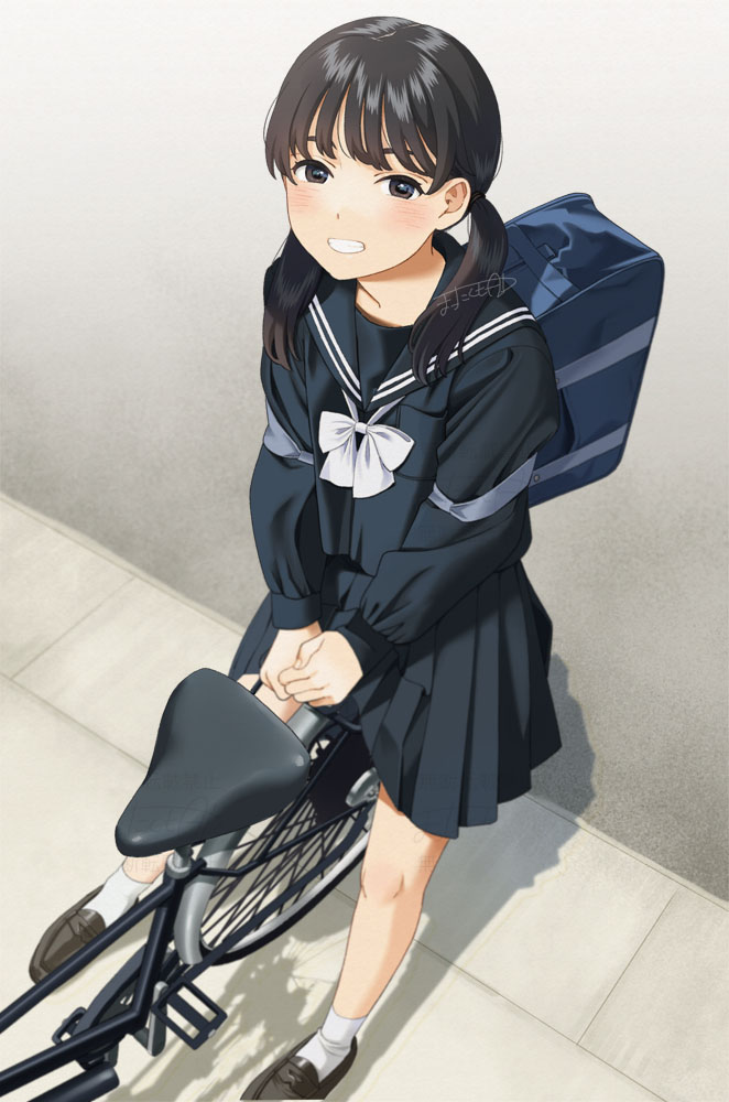 1girl ankle_socks bag bicycle black_sailor_collar black_serafuku black_shirt black_skirt blue_bag bow bowtie brown_eyes brown_hair brown_shoes commentary grin loafers long_hair looking_at_viewer mattaku_mousuke original own_hands_together pleated_skirt sailor_collar school_bag school_uniform serafuku shirt shoes sitting skirt smile socks solo twintails white_bow white_bowtie white_socks