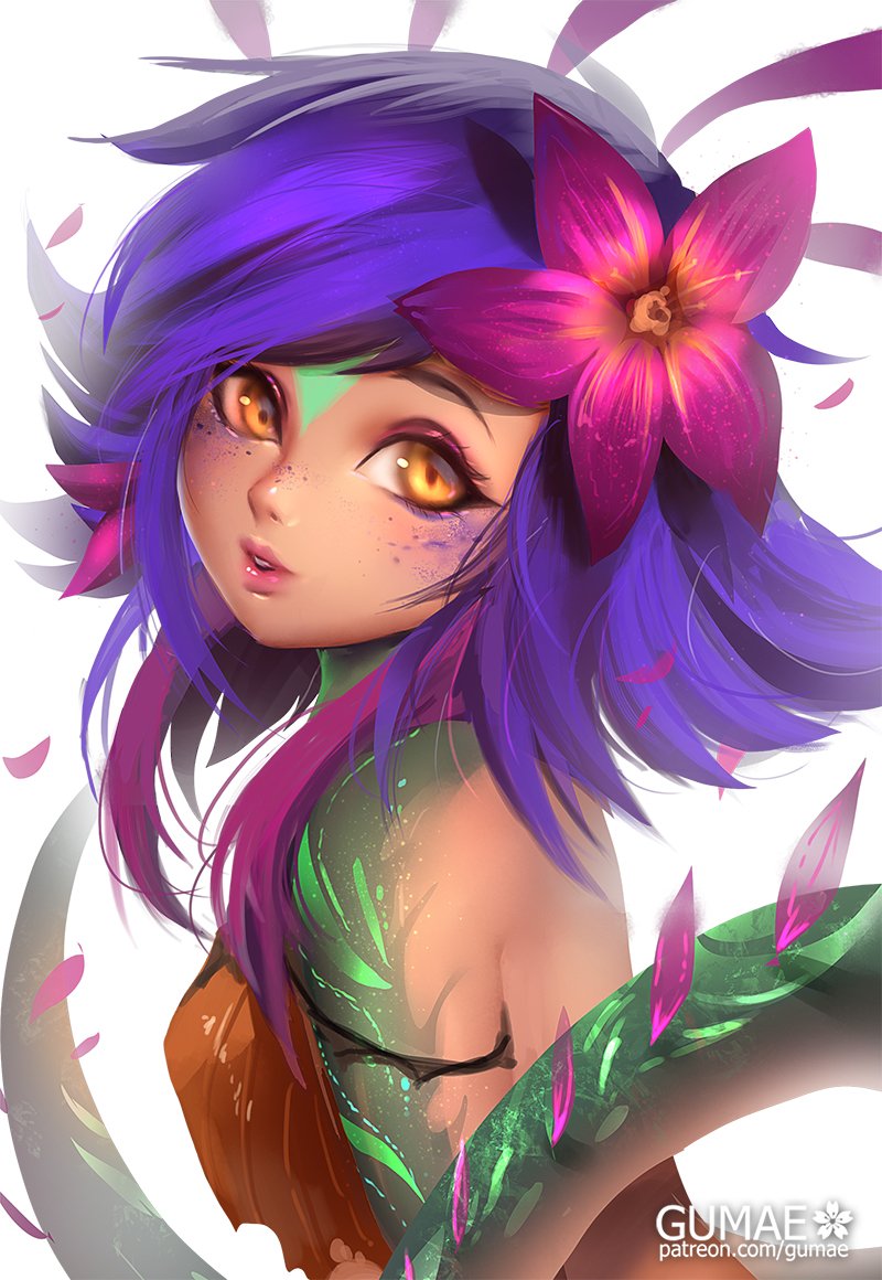 1girl bare_shoulders female_focus flower gumae hair_flower hair_ornament league_of_legends lizard_tail looking_at_viewer looking_back multicolored_hair neeko_(league_of_legends) pink_hair purple_hair reptile_girl short_hair solo tail two-tone_hair yellow_eyes
