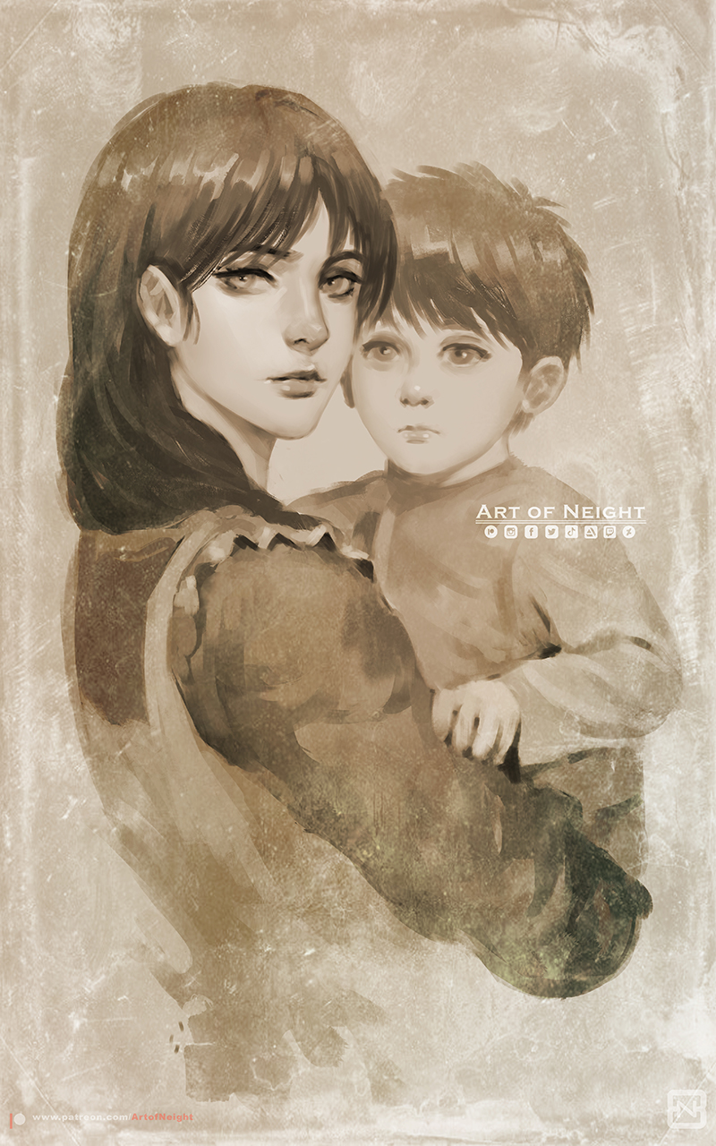 1boy 1girl art_of_neight artist_name carla_yeager carrying child commentary dress english_commentary eren_yeager frown hair_over_shoulder highres mother_and_son shingeki_no_kyojin twitter_logo watermark