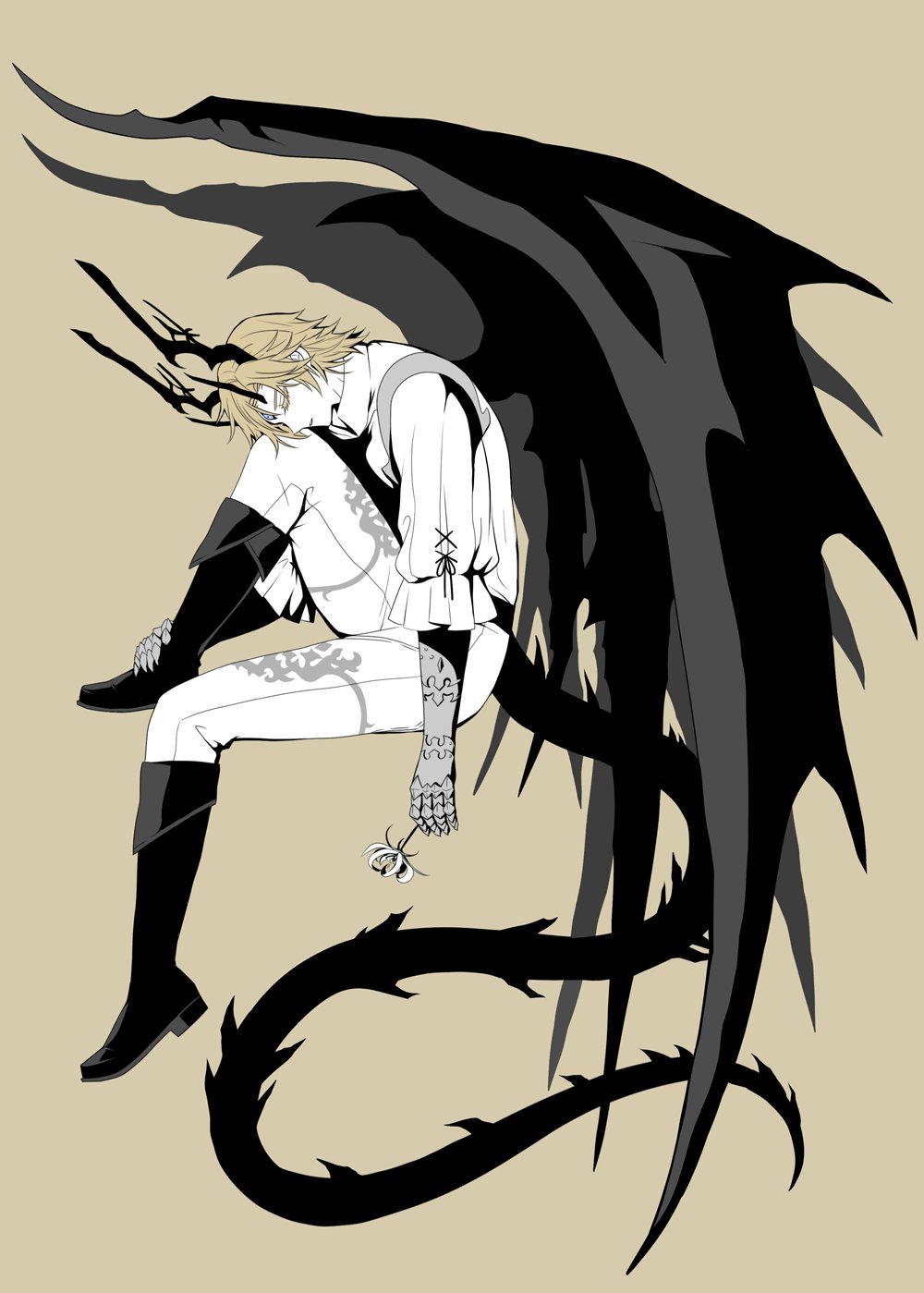 1boy armor black_boots blonde_hair boots clawed_gauntlets closed_eyes closed_mouth commentary_request dion_lesage dragon_boy dragon_horns dragon_tail dragon_wings final_fantasy final_fantasy_xvi flower frilled_sleeves frills gauntlets head_on_knee highres holding holding_flower horns knee_up male_focus megubiru pants profile shirt simple_background sitting solo tail white_pants white_shirt wings yellow_background