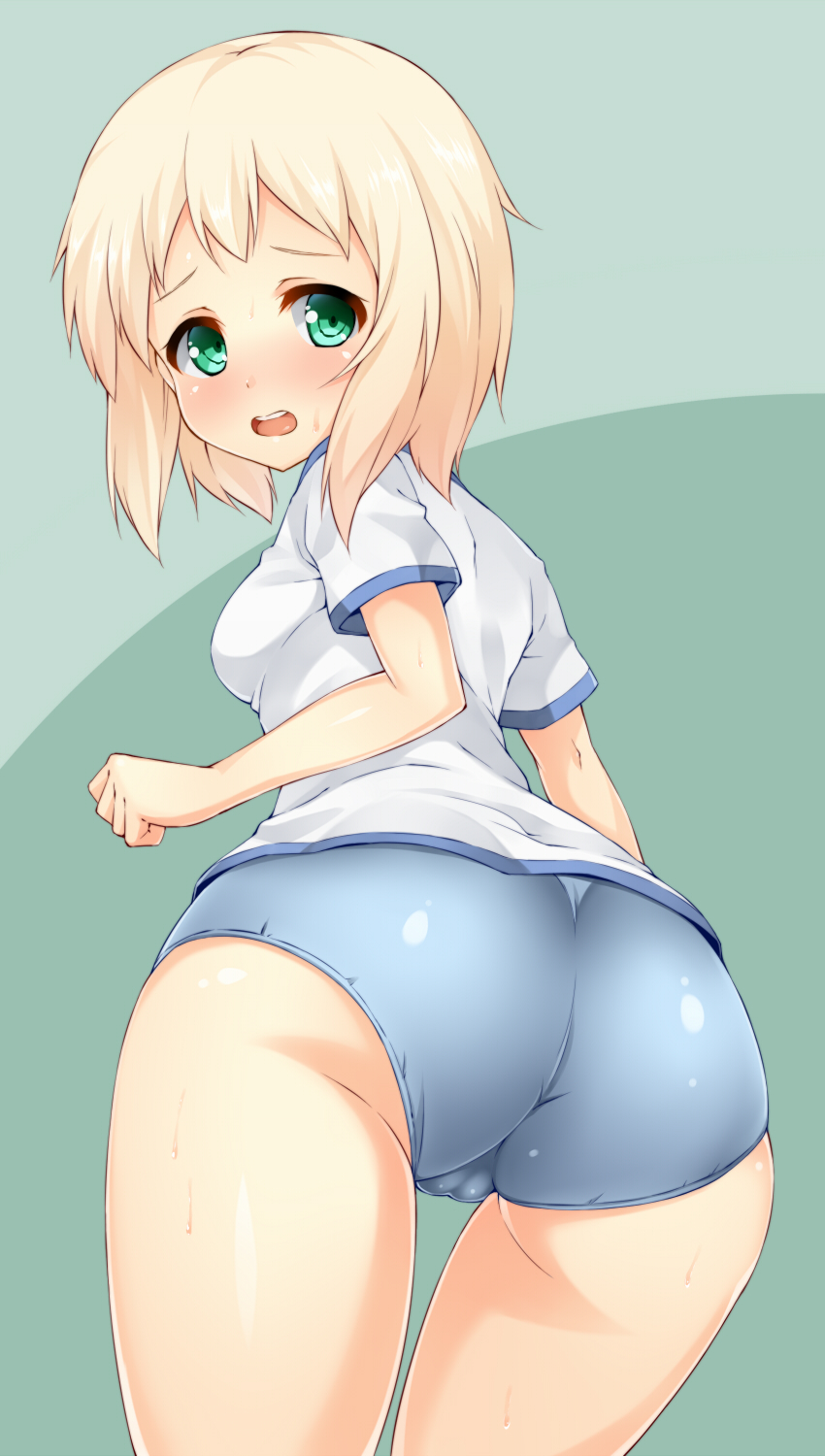 1girl aqua_eyes ass blonde_hair breasts buruma cameltoe elma_leivonen female_focus highres kuragari looking_at_viewer open_mouth short_hair small_breasts solo strike_witches strike_witches:_suomus_misfits_squadron sweat world_witches_series