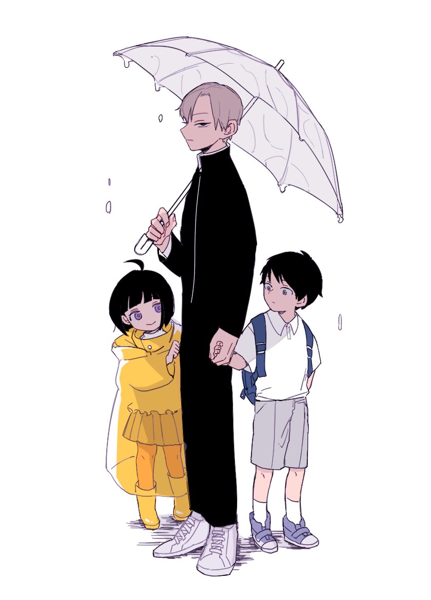 1girl 2boys aged_down amatori_chika amatori_rinji backpack bag black_hair black_jacket black_pants blunt_bangs bob_cut boots brother_and_sister child closed_mouth collared_shirt commentary_request frown full_body gakuran grey_hair grey_shorts holding holding_hands holding_umbrella jacket looking_at_another looking_to_the_side mikumo_osamu multiple_boys pants panyasan_777 parted_bangs polo_shirt profile purple_eyes rain raincoat rubber_boots school_uniform see-through_clothes see-through_raincoat shirt shoes short_sleeves shorts siblings simple_background smile sneakers socks standing umbrella white_background white_footwear white_shirt white_socks world_trigger yellow_boots yellow_raincoat