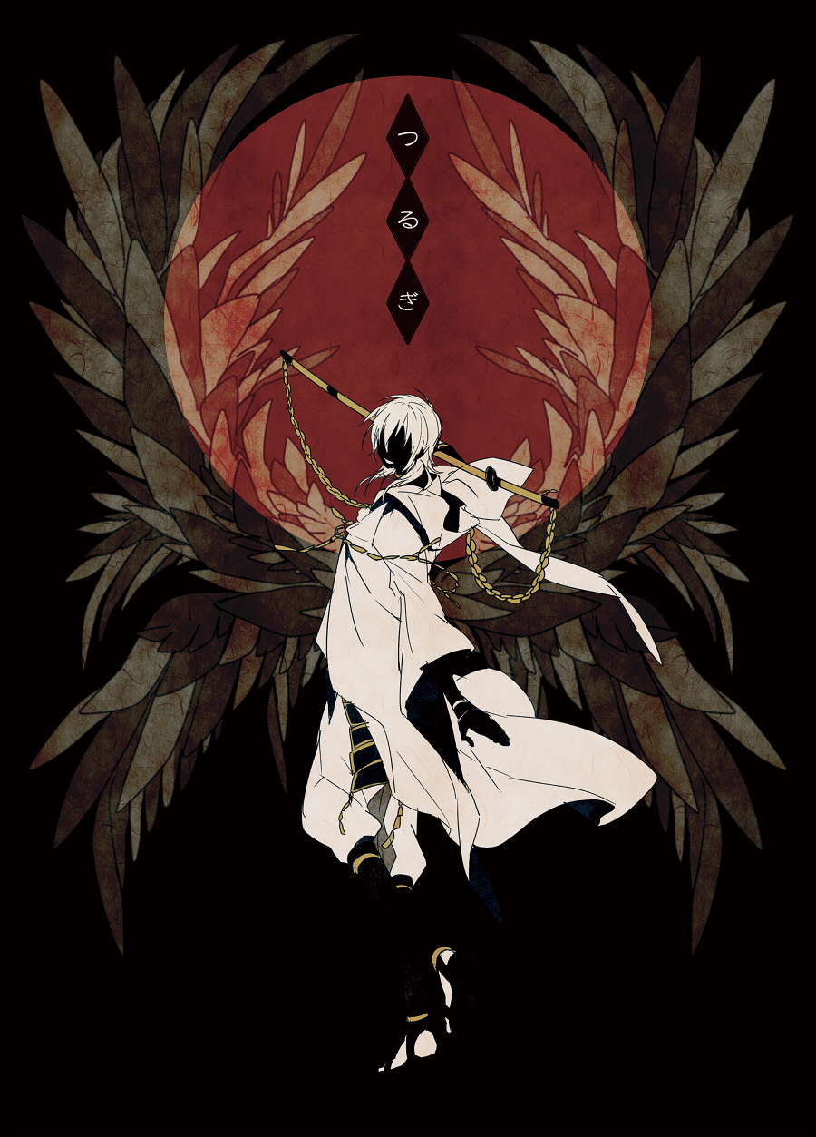 1boy armor bad_id bad_pixiv_id highres hood japanese_armor japanese_clothes katana looking_at_viewer male_focus monochrome open_mouth red_circle satsuki_(miicat) simple_background smile solo standing standing_on_one_leg sword touken_ranbu translation_request tsurumaru_kuninaga weapon wings