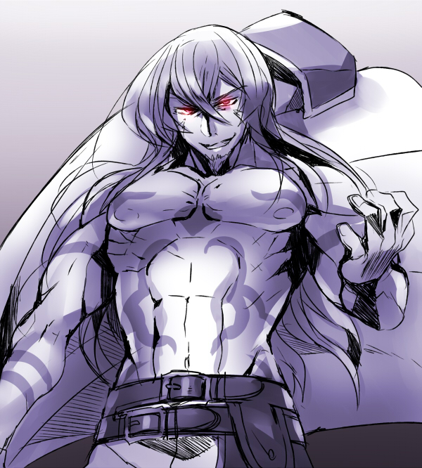 1boy abs azrael_(blazblue) belt blazblue glowing glowing_eyes kaneaki_mukku long_hair male_focus monochrome multiple_belts pectorals red_eyes topless_male solo