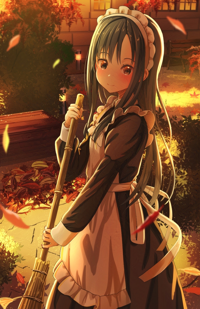 1girl aiuabo apron autumn autumn_leaves black_hair broom brown_eyes commentary_request dress frilled_apron frills holding holding_broom leaf leaf_pile long_hair long_sleeves maid maid_headdress original outdoors sleeve_cuffs smile solo sunlight