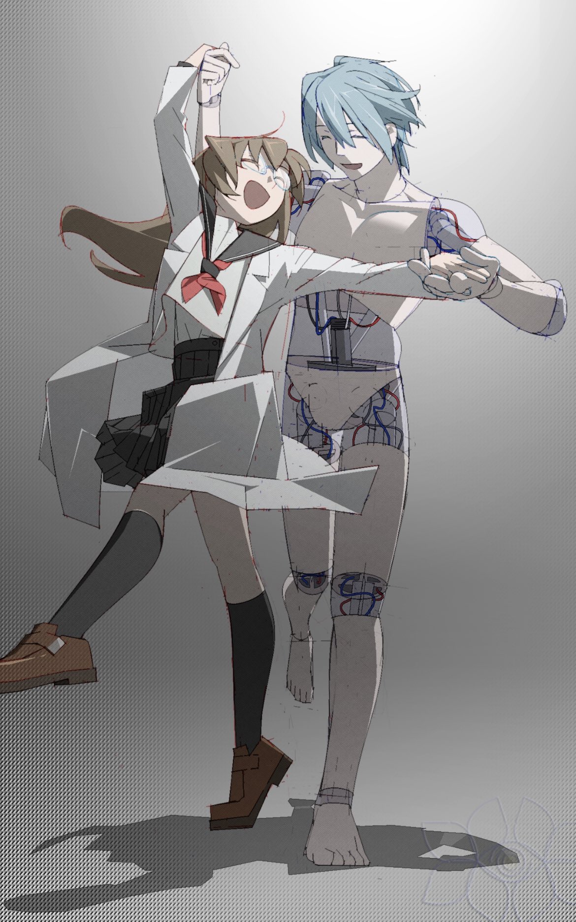 1boy 1girl android arm_up barefoot behind_another black_sailor_collar black_skirt black_socks blue_hair brown_footwear brown_hair closed_eyes coat completely_nude dancing floating_hair full_body glasses grey_background highres holding_hands joints kneehighs lab_coat loafers long_hair mechabare microsoft_paint_(medium) neckerchief no_genitals nude open_clothes open_coat open_mouth original pleated_skirt red_neckerchief robot_joints sailor_collar school_uniform see-through_body serafuku shadow shirt shoes short_hair skirt smile socks standing standing_on_one_leg tiptoes tkwkai undershirt white_coat white_shirt