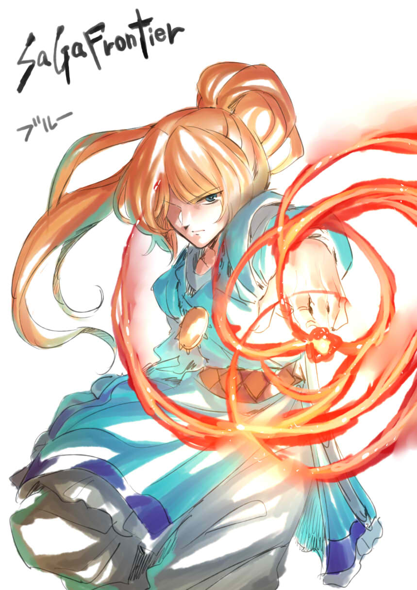 1boy blonde_hair blue_(saga_frontier) blue_eyes closed_mouth fire highres jewelry long_hair looking_at_viewer magic male_focus necklace ponytail saga saga_frontier simple_background solo tukiwani white_background