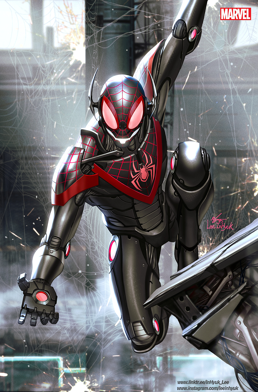 1boy animal_print arm_up armor artist_name commentary drawing english_commentary full_body highres in-hyuk_lee instagram_username knee_up logo looking_at_viewer male_focus marvel mechanical_arms mechanical_legs miles_morales power_armor signature silk solo spider-man spider-man:_into_the_spider-verse spider-man_(series) spider-verse spider_print spider_web spider_web_print steam sunlight superhero_costume ultron watermark web_address western_comics_(style)