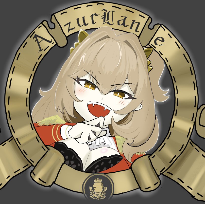 1girl :d azur_lane black_bra bra breasts brown_hair chibi chibi_only cleavage copyright_name epaulettes fangs hair_between_eyes hair_intakes lace lace-trimmed_bra lace_trim large_breasts lion_(azur_lane) logo_parody looking_at_viewer metro-goldwyn-mayer open_mouth orange_eyes pikiti002 royal_navy_emblem_(azur_lane) smile solo underwear