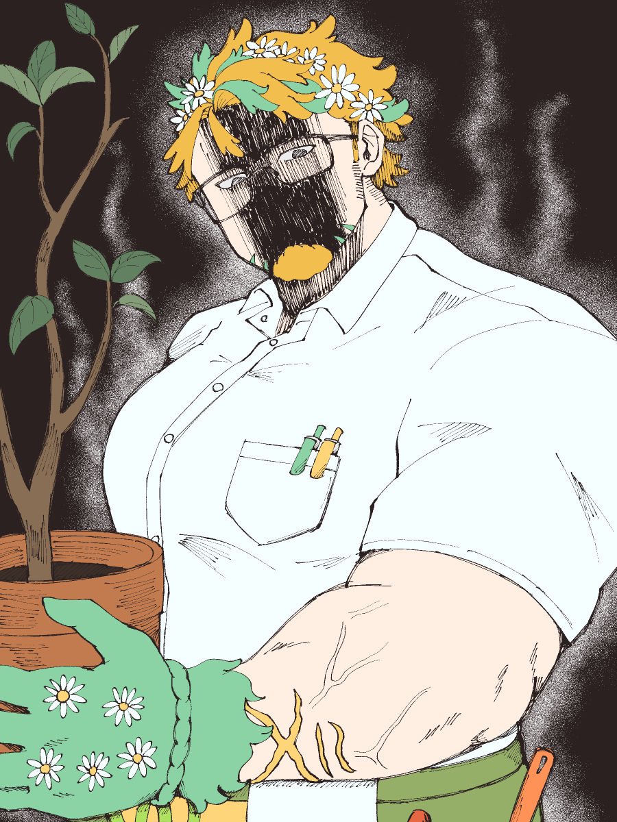 1boy angry bara chumuta collared_shirt cowboy_shot facial_hair florist flower glasses goatee green_hair hair_flower hair_ornament highres hippolytus_(housamo) large_pectorals looking_at_viewer male_focus multicolored_hair muscular muscular_male pectorals plant potted_plant shaded_face shirt short_hair sideburns_stubble solo standing steaming_body streaked_hair stubble thick_eyebrows tokyo_houkago_summoners two-tone_beard veins veiny_arms