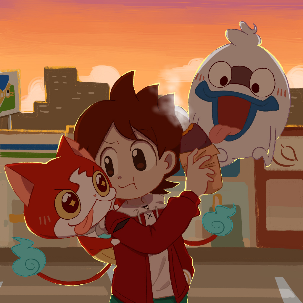 1boy :t amano_keita backlighting brown_hair cityscape colored_lineart cowboy_shot cross-eyed deformed evening flipped_hair food hand_in_pocket holding holding_food hood hoodie hungry jacket jacket_over_hoodie jaggy_lines jibanyan kuriki90333 looking_at_creature looking_at_food looking_back male_focus open_clothes open_jacket orange_sky outdoors red_jacket short_hair sky star_(symbol) star_in_eye steam sunlight symbol_in_eye tongue tongue_out urban whisper_(youkai_watch) white_hoodie youkai_(youkai_watch) youkai_watch