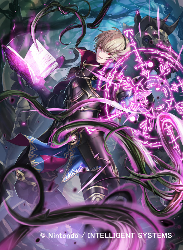 1boy armor blonde_hair book cape fire_emblem fire_emblem_cipher fire_emblem_fates gloves hairband horse kuroba.k leo_(fire_emblem_fates) magic_circle male_focus nintendo official_art plant red_eyes solo teeth tree vines