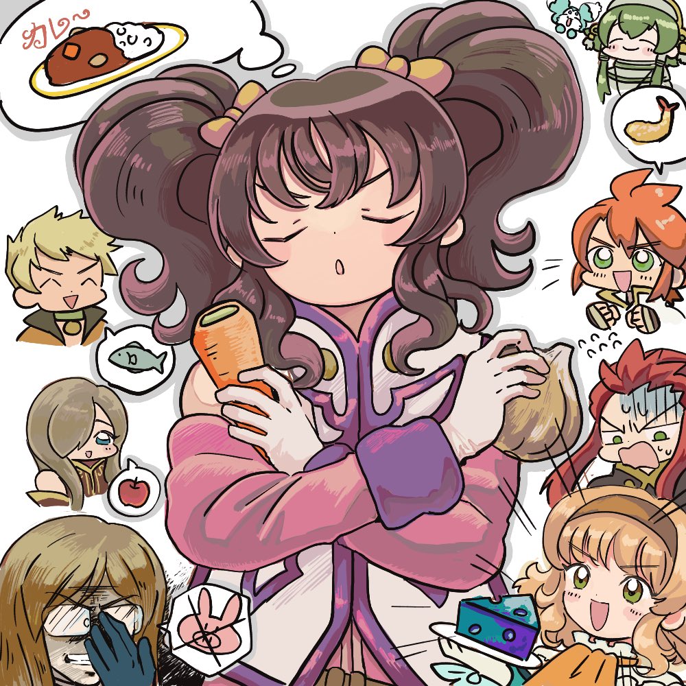 3girls 5boys :d ^_^ adjusting_eyewear anise_tatlin apple asch_(tales) blonde_hair blue_gloves blush bow brown_hair brown_hairband cake carrot clenched_hand clenched_teeth closed_eyes closed_mouth curry curry_rice dot_nose fish flying_sweatdrops food fruit garlic gloves green_eyes green_hair guy_cecil hair_bow hair_over_one_eye hairband holding holding_carrot holding_food ion_(tales) jade_curtiss long_hair luke_fon_fabre mieu_(tales) morino_araitamamia multiple_boys multiple_girls multiple_hair_bows natalia_luzu_kimlasca_lanvaldear notice_lines open_mouth purple_trim red_hair rice shrimp shrimp_tempura smile speech_bubble spoken_food sweat tales_of_(series) tales_of_the_abyss tear_grants teeth tempura thinking thought_bubble twintails v-shaped_eyebrows white_gloves yellow_bow
