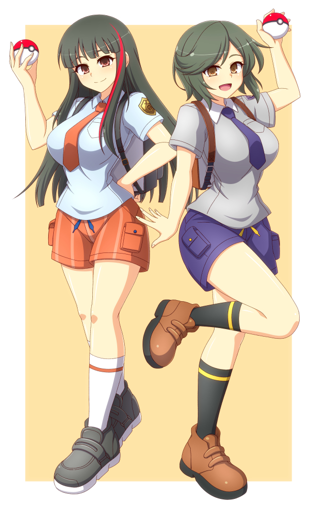 2girls alternate_costume black_footwear black_hair black_socks blunt_bangs blunt_ends breast_pocket breasts brown_bag brown_eyes brown_footwear cosplay holding holding_poke_ball large_breasts long_hair mai_(senran_kagura) multicolored_hair multiple_girls naranja_academy_(emblem) naranja_academy_school_uniform necktie nintendo open_mouth orange_necktie orange_shorts pocket poke_ball poke_ball_(basic) pokemon pokemon_sv purple_necktie purple_shorts red_eyes school_uniform senran_kagura short_hair short_sleeves shorts smile socks standing standing_on_one_leg streaked_hair striped_clothes striped_shorts tsubaki_(senran_kagura) uva_academy_school_uniform vertical-striped_clothes vertical-striped_shorts white_socks zetsumu