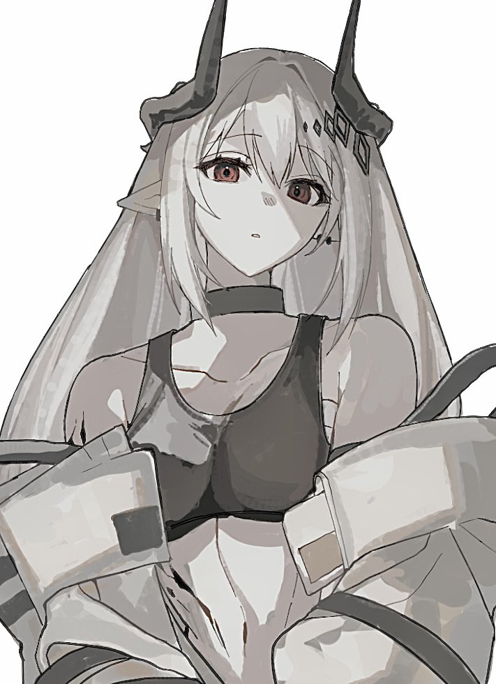 1girl arknights bare_shoulders black_choker black_horns black_sports_bra breasts choker collarbone crop_top grey_hair grey_theme hair_between_eyes horns long_hair looking_at_viewer material_growth medium_breasts mudrock_(arknights) mudrock_(elite_ii)_(arknights) off_shoulder ojsn_00 oripathy_lesion_(arknights) pointy_ears red_eyes simple_background sketch sleeveless solo sports_bra upper_body white_background