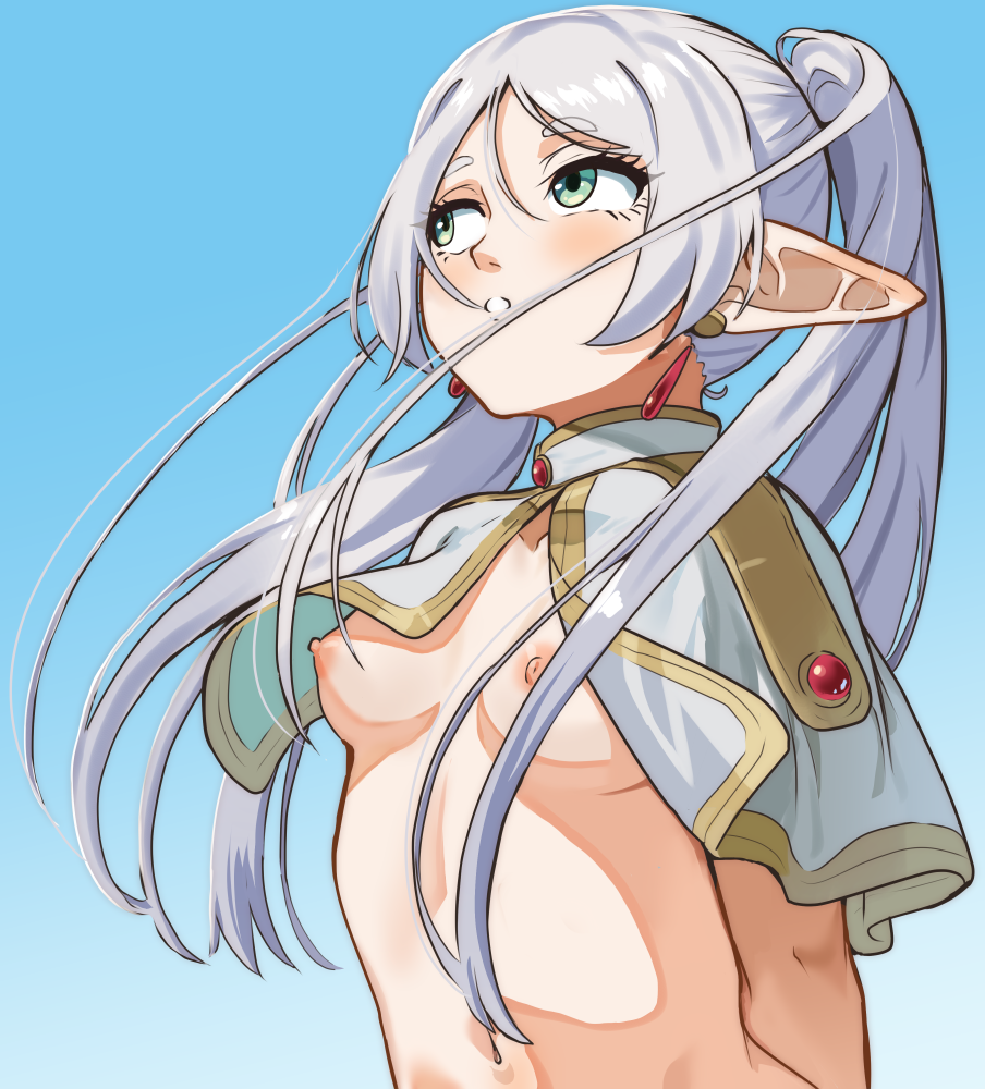1girl blue_sky blush breasts capelet day earrings frieren green_eyes grey_hair jewelry long_hair meme nico-mo nipples outdoors pointy_ears sky small_breasts solo sousou_no_frieren teeth twintails upper_body upward_angle_frieren_drawing_(meme) white_capelet