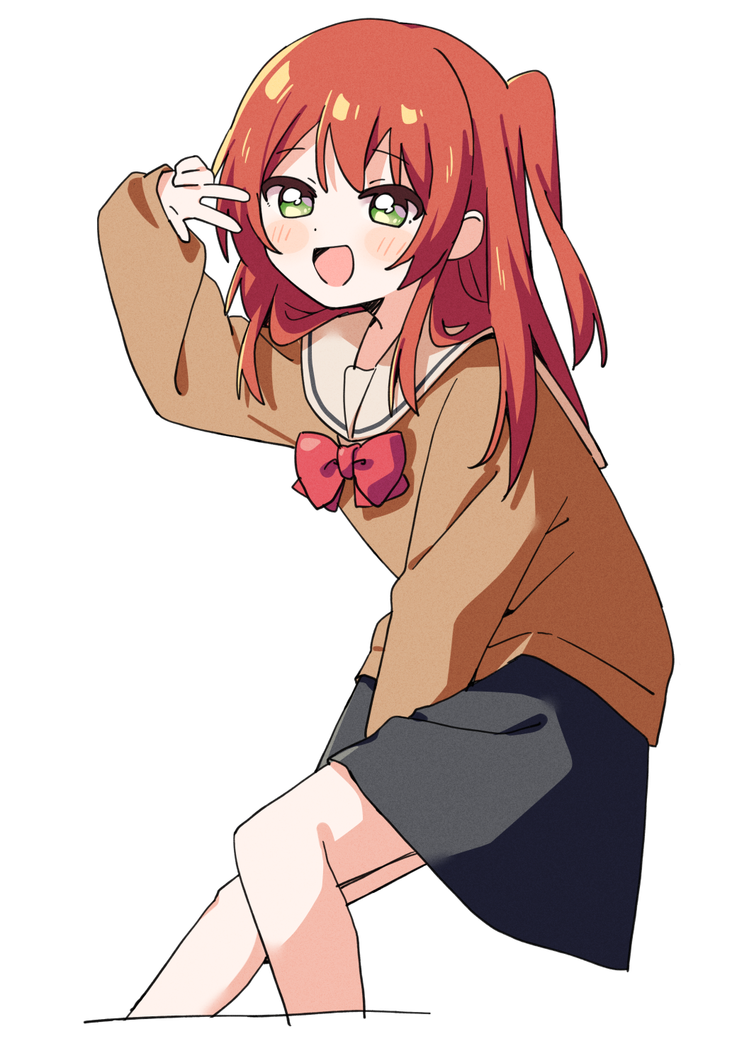 1girl black_skirt bocchi_the_rock! bow bowtie brown_shirt commentary cropped_legs green_eyes hand_up haru_(konomi_150) highres kita_ikuyo long_hair long_sleeves one_side_up red_bow red_bowtie red_hair sailor_collar school_uniform shimokitazawa_high_school_uniform shirt simple_background skirt solo w white_sailor_collar