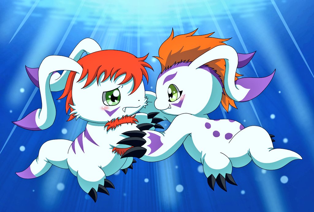 claws digimon digimon_(creature) fangs gomamon gomamon_x-antibody green_eyes looking_at_another tail underwater