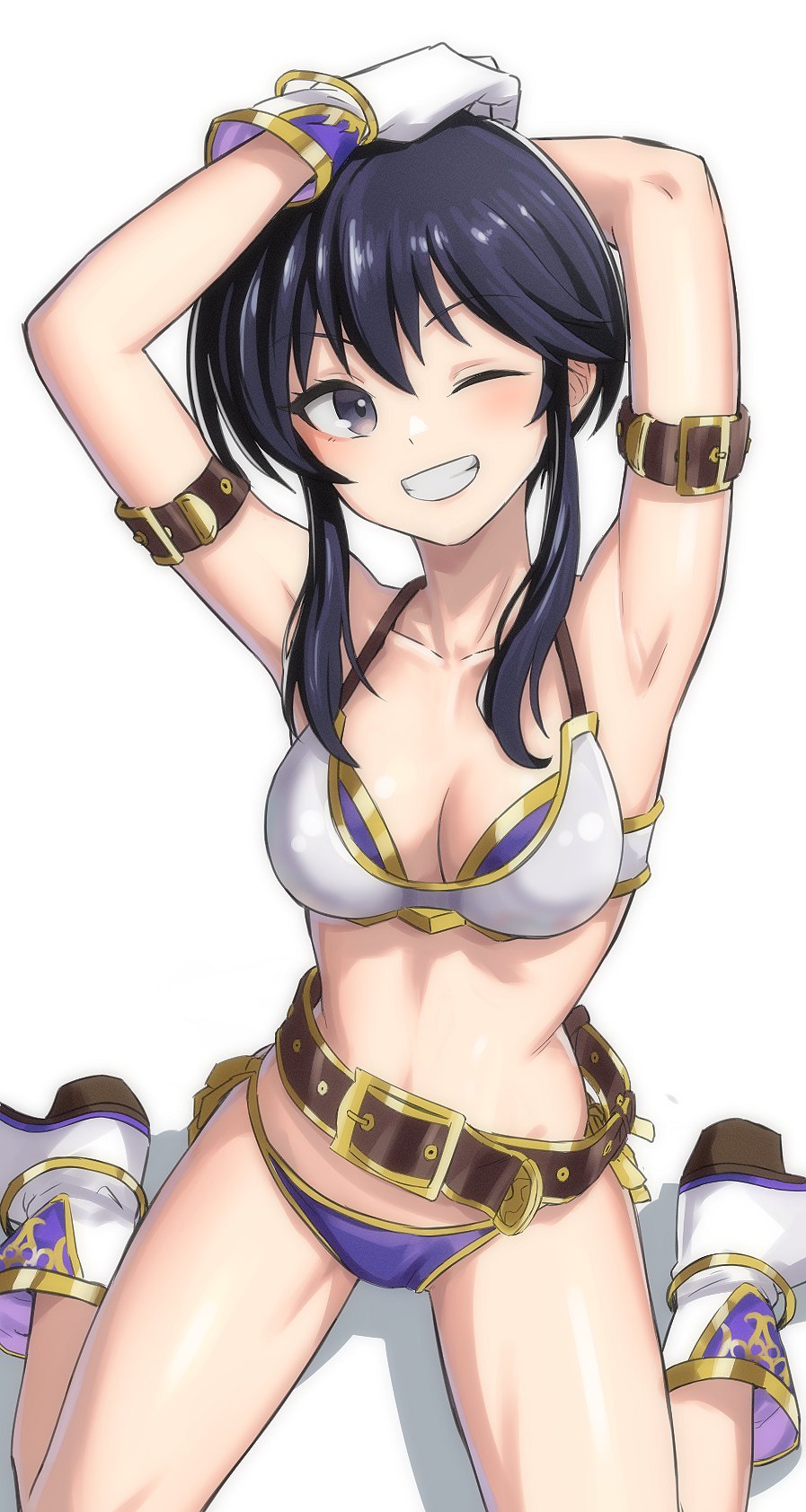 1girl @storm5958 anklet arm_behind_head armor armpits arms_behind_head arms_up bare_shoulders belt bikini bikini_armor black_hair blush boots bracelet breastplate breasts cleavage collarbone commentary commission commissioner_upload covered_navel english_commentary fire_emblem fire_emblem:_genealogy_of_the_holy_war gloves highres jake_brito jewelry larcei_(fire_emblem) lizzle_freeman nintendo ogi_non one_eye_closed short_hair side-tie_bikini_bottom sidelocks skeb_commission smile solo stomach swimsuit tanezaki_atsumi thighs tomboy voice_actor_connection