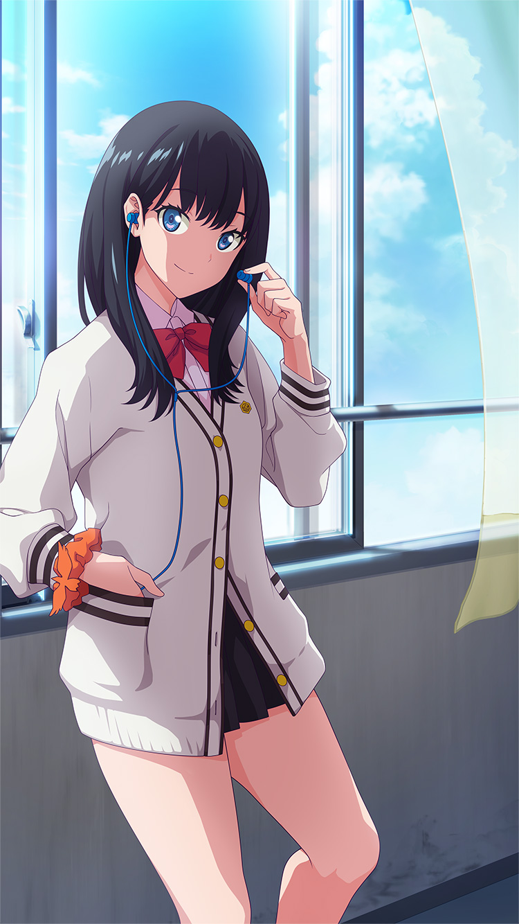 1girl against_wall archived_source black_hair black_skirt blue_eyes bow bowtie cardigan closed_mouth collared_shirt earbuds earphones feet_out_of_frame game_cg gridman_universe hand_in_pocket highres holding holding_earphones indoors long_hair looking_at_viewer official_art orange_scrunchie pleated_skirt red_bow red_bowtie school_uniform scrunchie shirt skirt sky smile solo ssss.gridman takarada_rikka third-party_source white_cardigan white_shirt window wrist_scrunchie