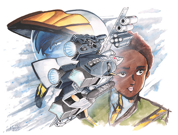 1boy 1girl 2021 afro afterburner claudia_lasalle commentary couple dark-skinned_female dark_skin dated energy_cannon english_commentary flying gunpod helmet jeff_sorley jolly_roger macross macross:_do_you_remember_love? mecha military military_uniform missile missile_pod painting_(medium) pilot pilot_suit robot roy_focker signature spacesuit thrusters traditional_media u.n._spacy variable_fighter vehicle_focus vf-1 vf-1_strike watercolor_(medium)