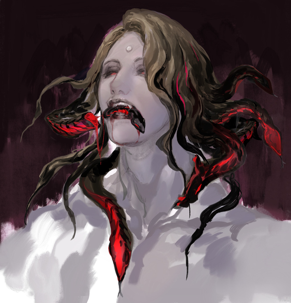 1boy black_hair black_lips black_sclera blonde_hair blood blood_on_face brown_background colored_sclera decapitation expressionless fangs final_fantasy final_fantasy_xiv forked_tongue garlean looking_at_viewer male_focus medium_hair mouth_hold multicolored_hair no_lineart painterly pydiyudie reaper_(final_fantasy) red_eyes severed_head snake snake_hair solo third_eye tongue zenos_yae_galvus
