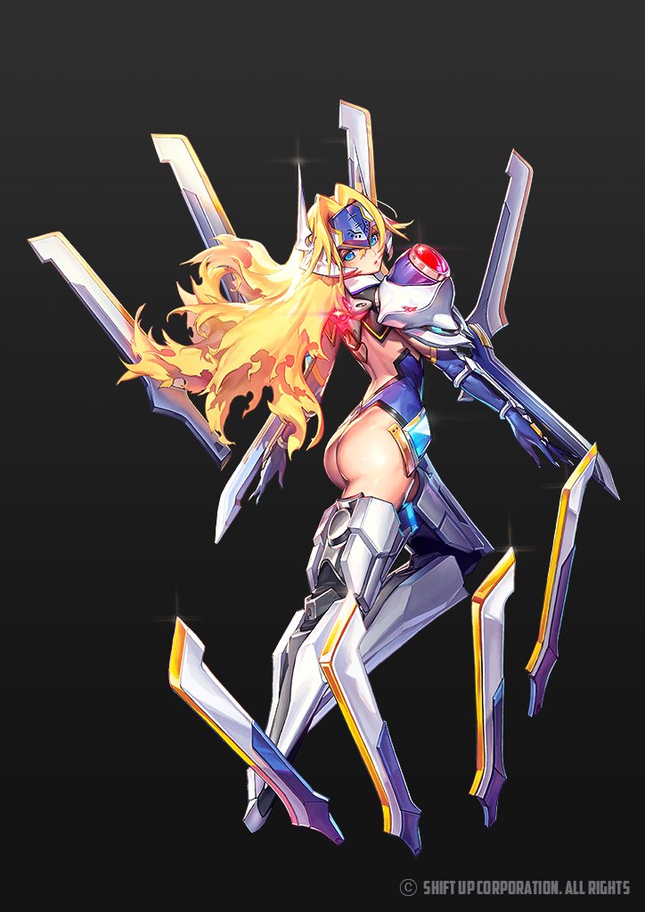 1girl :o arc_system_works arm_blade armor ass ass_cutout backless_outfit blazblue blonde_hair blue_eyes blue_gloves blush clothing_cutout crossover destiny_child dual_wielding elbow_gloves floating floating_object floating_sword floating_weapon forehead_protector from_behind gloves headgear holding leg_armor leotard looking_at_viewer looking_back mecha mecha_musume mu-12 noel_vermillion official_art punc_p revealing_clothes robot robot_ears shoulder_armor sword thong_leotard weapon