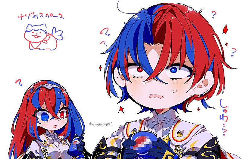1boy 1girl ? alear_(female)_(fire_emblem) alear_(fire_emblem) alear_(male)_(fire_emblem) blue_eyes blue_hair breasts can cape color_connection drink_can dual_persona fire_emblem fire_emblem_engage heterochromia large_breasts long_hair matching_hair/eyes mugimugis multicolored_hair nintendo pepsi red_eyes red_hair soda_can sommie_(fire_emblem) twitter_username two-tone_hair