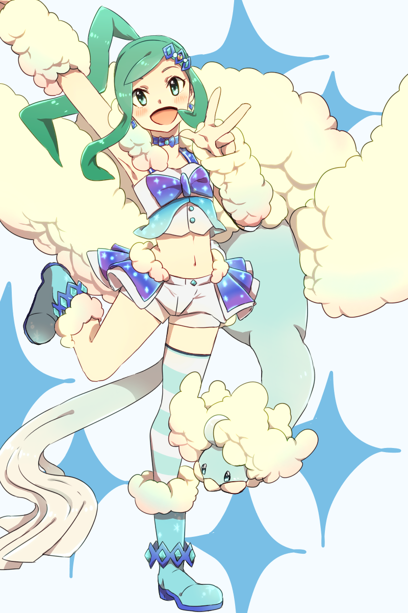 1girl :d altaria aqua_eyes aqua_hair bird blue_footwear blush boots choker creature earrings flat_chest full_body gen_3_pokemon hair_ornament highres jewelry lisia_(pokemon) looking_at_viewer mega_altaria mega_pokemon mizuto_(o96ap) nintendo open_mouth pokemon pokemon_(creature) pokemon_oras ponytail smile standing standing_on_one_leg