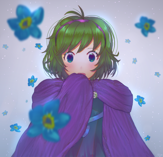 1girl bad_id bad_twitter_id blue_eyes cloak covered_mouth female_focus fire_emblem fire_emblem:_the_blazing_blade floral_background flower green_hair lijupy looking_at_viewer nino_(fire_emblem) nintendo petals solo solo_focus