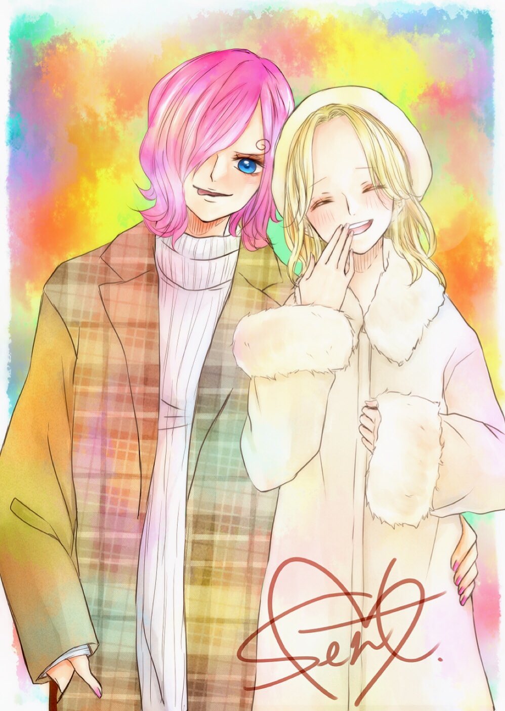 2girls blonde_hair blue_eyes blush closed_eyes coat commentary_request cowboy_shot curly_eyebrows fur-trimmed_coat fur_trim hair_over_one_eye highres kaya_(one_piece) medium_hair multiple_girls one_piece pink_hair pink_nails signature sj0302 smile striped_clothes tongue tongue_out vertical-striped_clothes vinsmoke_reiju white_coat