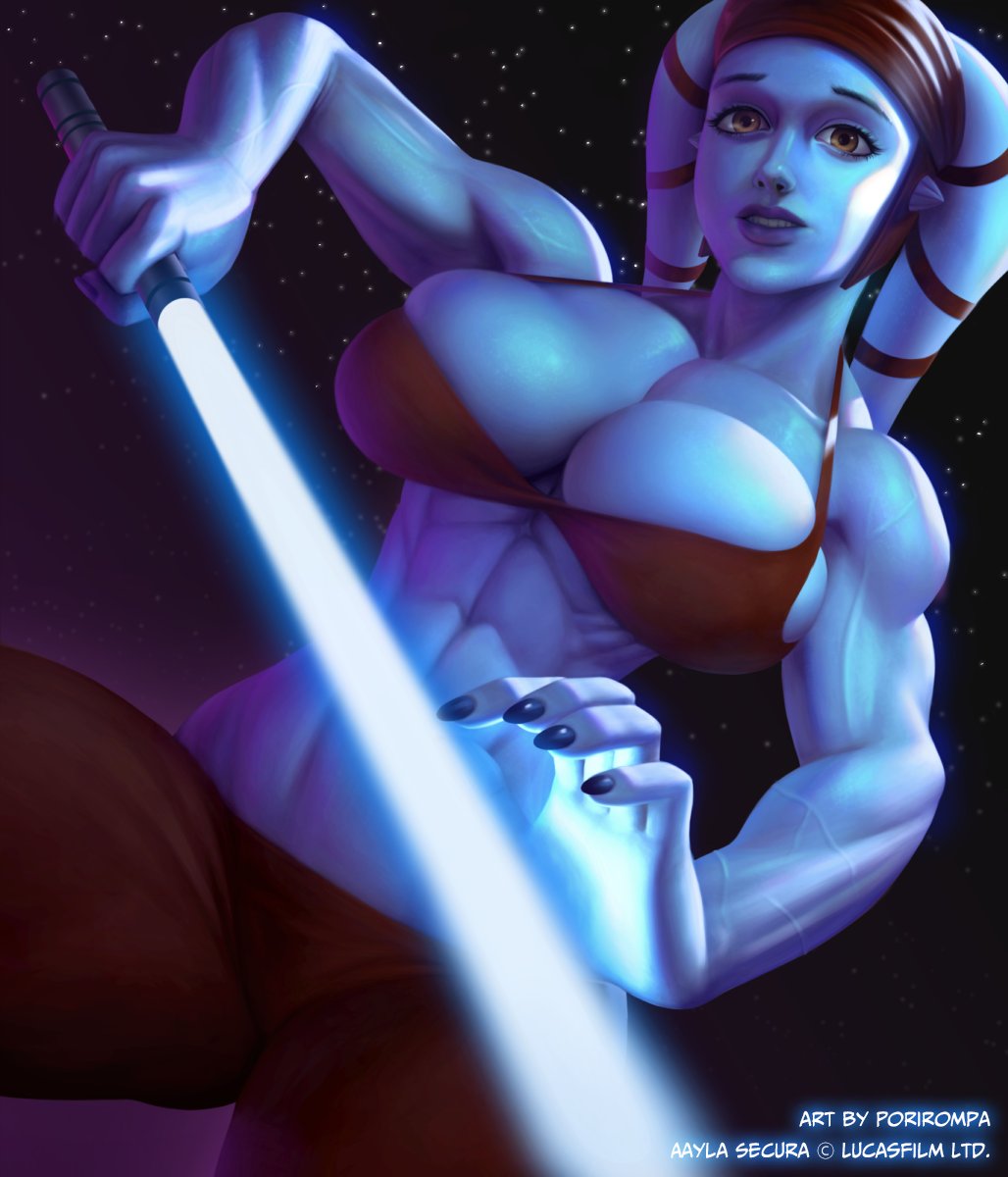 1girl aayla_secura abs alien alternate_muscle_size blue_lightsaber blue_skin breasts cleavage colored_skin energy_sword highres large_breasts lightsaber looking_down muscular muscular_female nail_polish orange_eyes porirompa solo star_(sky) star_wars sword toned twi&#039;lek veins veiny_arms weapon