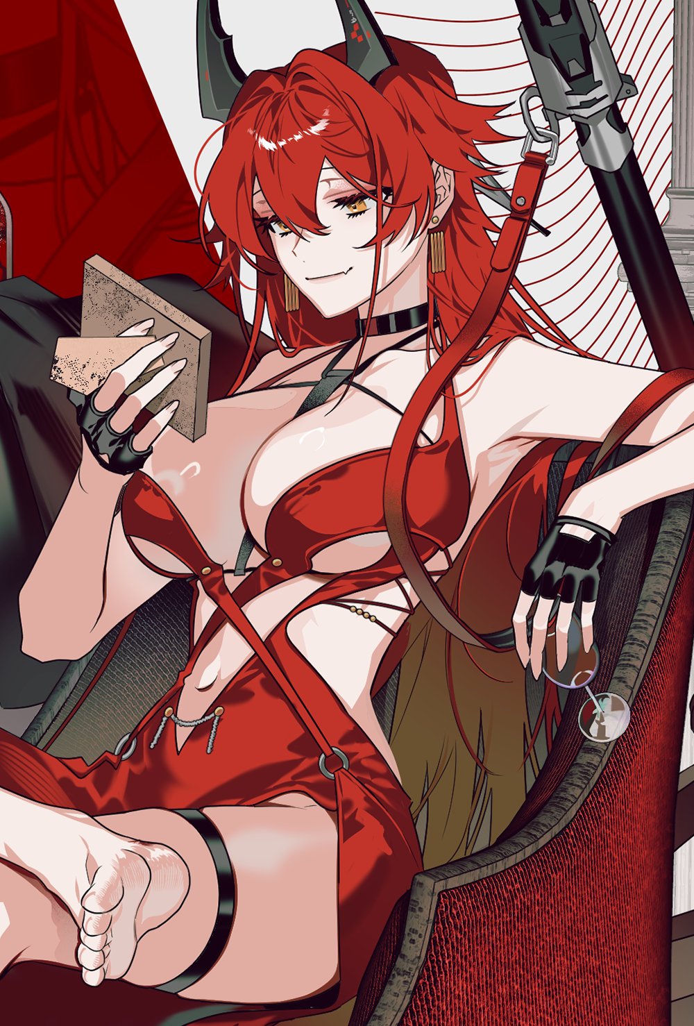 1girl armpits barefoot between_breasts black_gloves breasts choker cleavage cleavage_cutout clothing_cutout collarbone cup dress earrings eyeliner fang fanged_bangs figure_four_sitting fingerless_gloves gloves goddess_of_victory:_nikke hair_between_eyes highres holding holding_cup horns jewelry large_breasts long_hair looking_at_object makeup mechanical_horns mzet navel navel_cutout official_alternate_costume parted_bangs picture_frame red_dress red_hair red_hood_(nikke) red_hood_(nonsense_red)_(nikke) ring side_cutout sitting smile solo strap_between_breasts thigh_strap underboob yellow_eyes