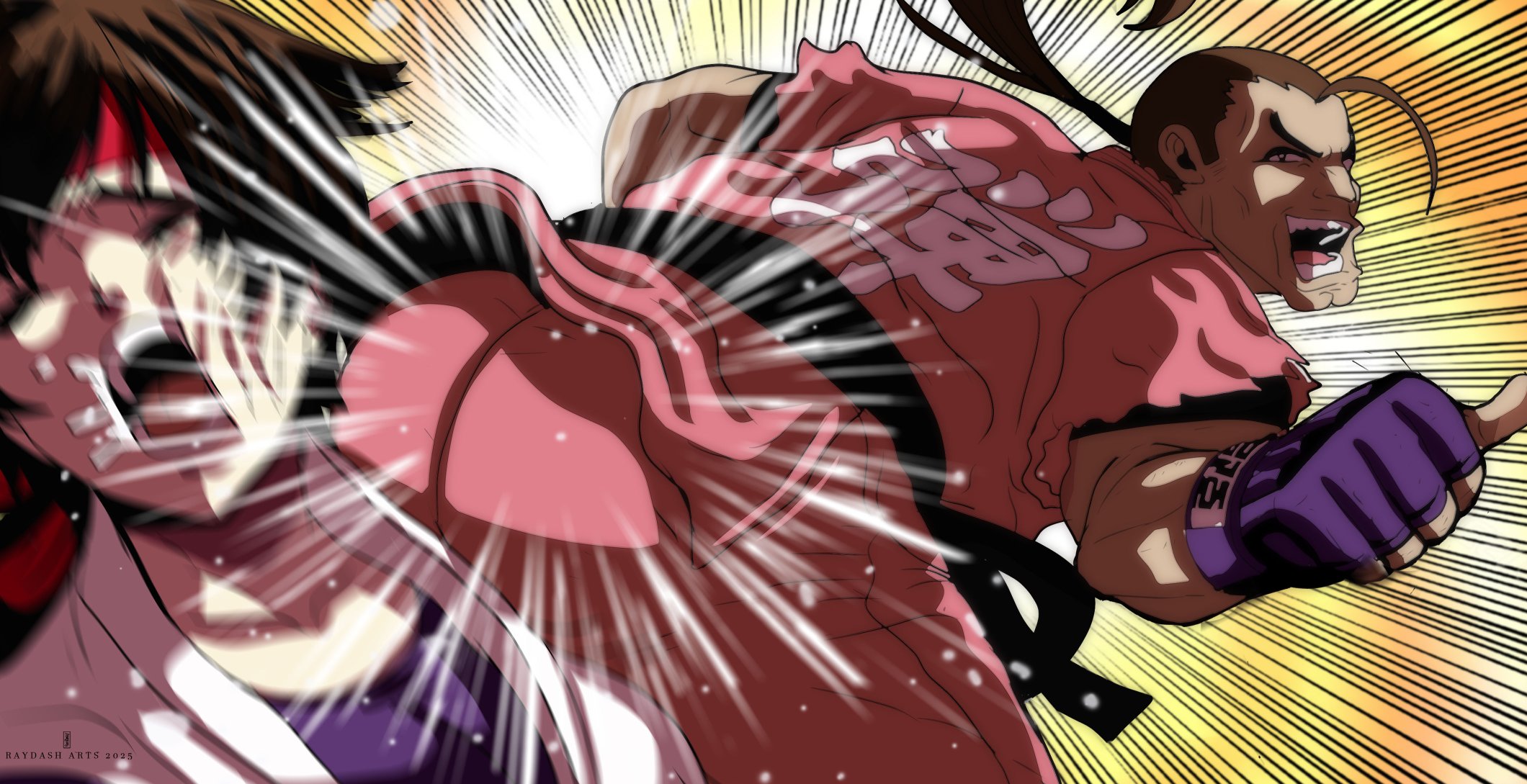1boy 1girl artist_name ass attack braid braided_ponytail breasts brown_eyes brown_hair capcom capcom_vs_snk closed_eyes crossover fingerless_gloves gloves headband hibiki_dan highres japanese_clothes legs long_hair looking_at_viewer low_ponytail medium_breasts open_mouth pants ponytail raydash30 ryuuko_no_ken smile snk street_fighter teeth the_king_of_fighters thighs thumbs_up tongue yuri_sakazaki