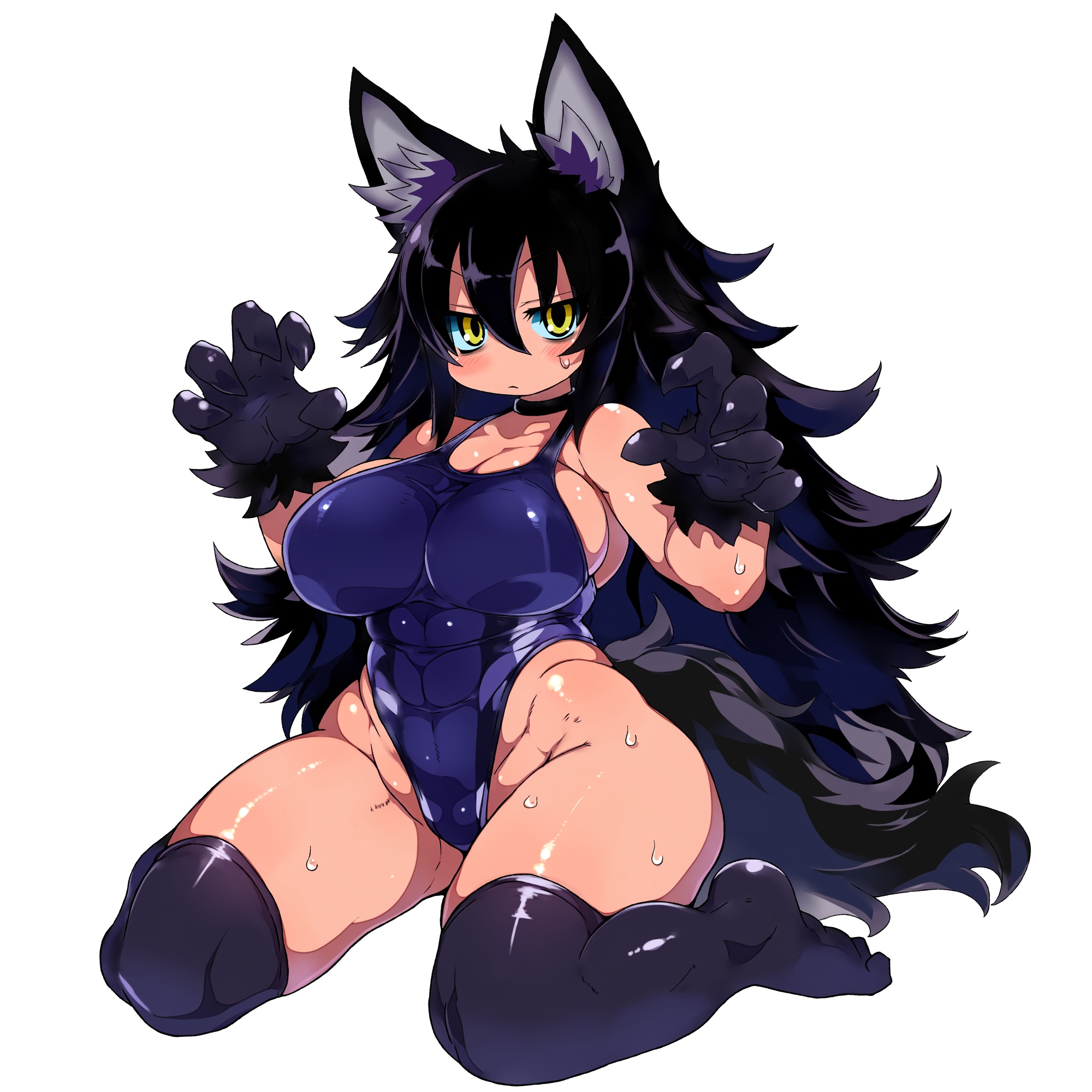 1girl abs animal_ear_fluff animal_ears animal_hands armpits black_choker black_hair black_thighhighs blue_one-piece_swimsuit blush blush_stickers breasts choker cleavage closed_mouth commission full_body groin hair_between_eyes highres large_breasts long_hair looking_at_viewer one-piece_swimsuit original paw_pose simple_background sitting solo sweat swimsuit tail thighhighs toned toned_female tsukinoha_mio very_long_hair wariza white_background wolf_ears wolf_tail yellow_eyes