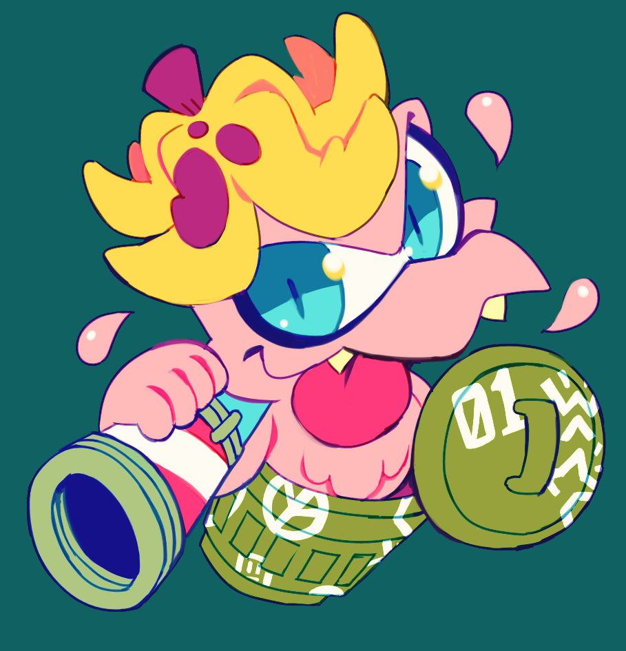 bazooka blue_eyes colored_skin digimon fangs gerbemon pink_skin trash_can weapon