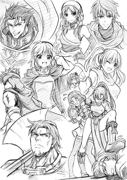 5girls 6+boys angry annoyed armor axe bandana battle_axe boots cape commentary_request dorcas_(fire_emblem) elbow_gloves eliwood_(fire_emblem) erk_(fire_emblem) facial_hair fingerless_gloves fire_emblem fire_emblem:_the_blazing_blade florina_(fire_emblem) full_body gloves greyscale headband hector_(fire_emblem) holding holding_weapon jaffar_(fire_emblem) knee_boots long_hair long_sleeves looking_at_viewer lyn_(fire_emblem) monochrome multiple_boys multiple_girls nino_(fire_emblem) nintendo one_eye_closed open_mouth parted_lips pelvic_curtain ponytail rebecca_(fire_emblem) sain_(fire_emblem) scared serious serra_(fire_emblem) short_hair shoulder_pads simple_background sleeveless smile tattoo ten_(tenchan_man) thighhighs weapon