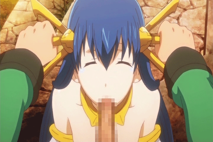 1boy 1girl animated animated_gif blue_eyes blue_hair fellatio hetero lia_parapara_leazas open_mouth oral rance rance_(series) rance_01