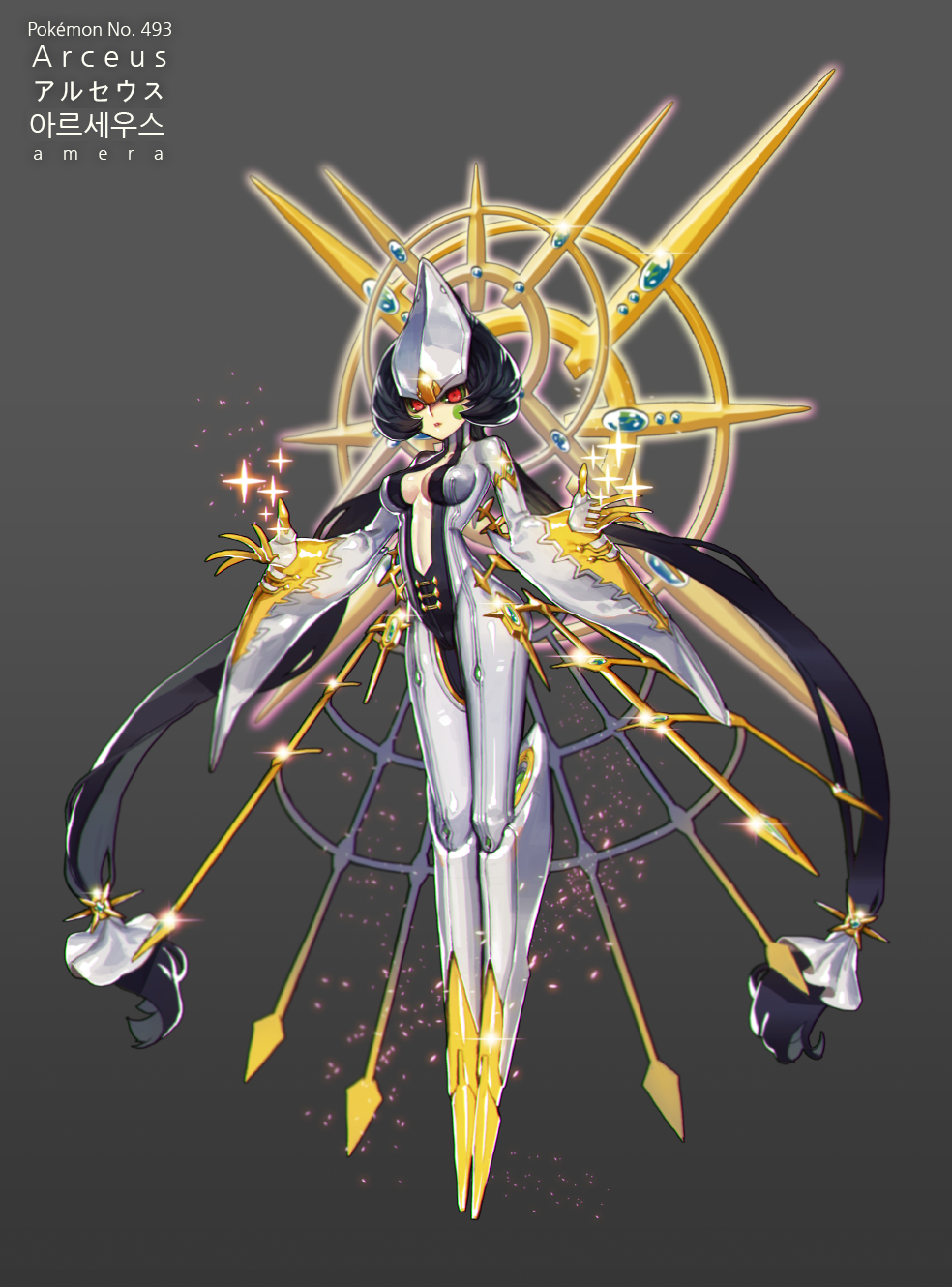 1girl amera arceus black_hair bodysuit colored_sclera commentary creatures_(company) english_commentary full_body game_freak gen_4_pokemon green_sclera grey_background halo highres humanization impossible_bodysuit impossible_clothes korean_text legendary_pokemon lipstick long_hair looking_at_viewer makeup mythical_pokemon navel nintendo personification pokemon red_eyes shiny_clothes skin_tight solo sparkle very_long_hair wide_sleeves