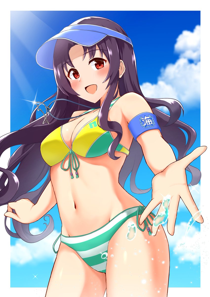 armband asymmetrical_bikini bikini black_hair blue_hat blue_sky blush breasts cleavage cloud commentary_request day dolphin_pendant dot_nose green_bikini hat highres idolmaster idolmaster_million_live! idolmaster_million_live!_theater_days karua_(karua23) long_hair looking_at_viewer medium_breasts navel open_mouth outdoors red_eyes sidelocks sky smile solo stomach striped_bikini striped_clothes sunlight swimsuit takayama_sayoko thighs visor_cap water_drop yellow_bikini