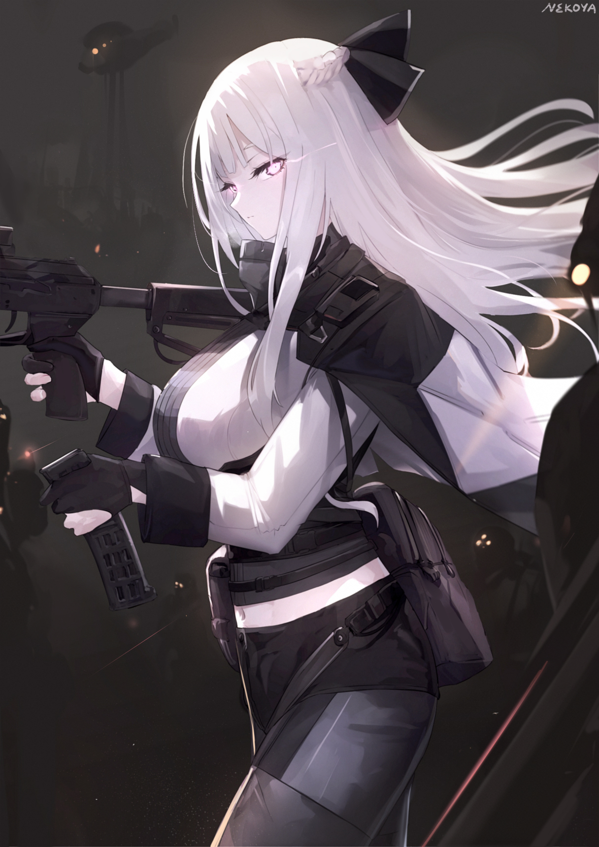1girl ak-12 ak-12_(girls&#039;_frontline) assault_rifle black_gloves black_pantyhose black_ribbon black_shorts braid breasts closed_mouth commentary_request commission floating_hair girls&#039;_frontline gloves gun hair_ribbon highres holding holding_gun holding_weapon kalashnikov_rifle long_hair long_sleeves looking_at_viewer medium_breasts midriff name_connection navel nekoya_(liu) object_namesake pantyhose pantyhose_under_shorts partially_fingerless_gloves ribbon rifle shirt shorts signature solo very_long_hair weapon white_hair white_shirt