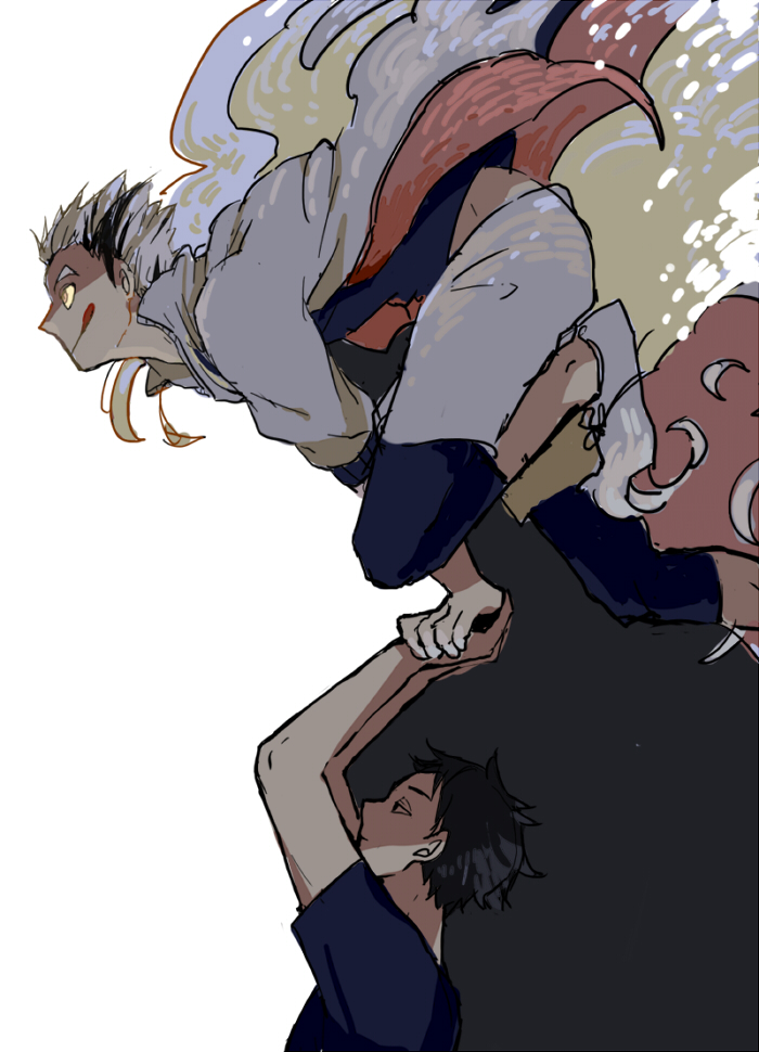 2boys akaashi_keiji arms_up black_hair blue_leggings blue_shirt bokuto_koutarou commentary_request haikyuu!! holding_hands jacket knee_up leggings looking_ahead looking_forward male_focus multicolored_hair multicolored_jacket multiple_boys partially_shaded_face ponko_(popopoponko) profile shirt shoes short_hair shorts streaked_hair t-shirt tongue tongue_out white_footwear white_hair white_shorts yellow_eyes